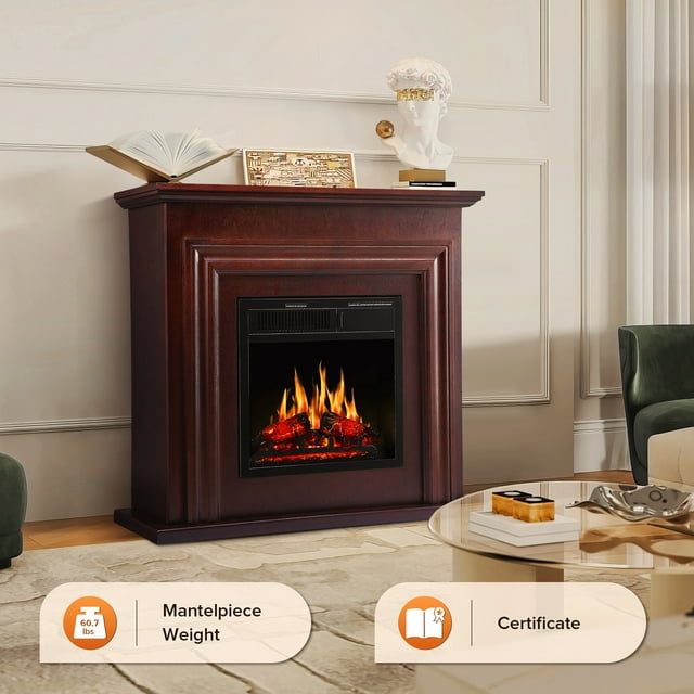 LHRIVER Electric Fireplace, Free Standing Fireplace, with Remote Control, Adjustable LED Flame, 750W/1500W -(Brown)