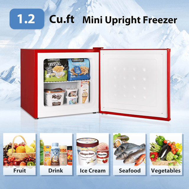 LHRIVER Mini Upright Freezer Compact Refrigerators,1.2Cu.ft Small Stand up Freezer for Home Office, Red