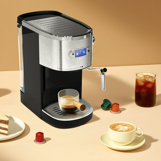 LHRIVER Coffee Maker, with 20BAR Extraction, LED Display, 1.2L Water Tank, PCB Electronic Temperature Control, Steam Milk Frother, for Home, Office, Coffee Shop - Black