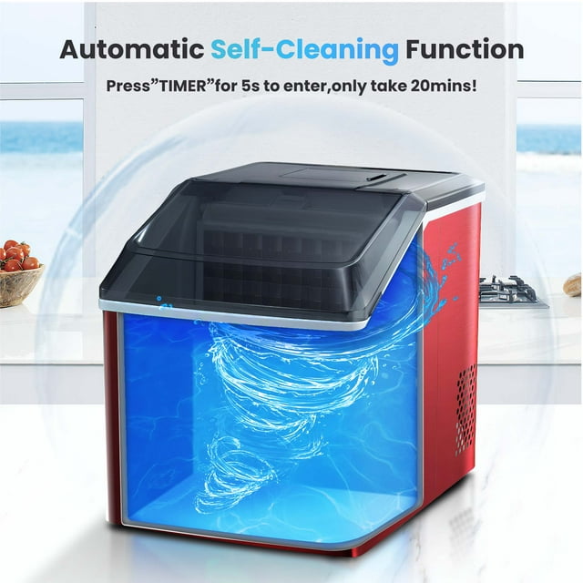 LHRIVER Ice Maker Machine,40LBS/24H, Portable Ice Cube Makers, Self-Cleaning, Easy-to-Control LCD Display, See-Through Lid for Office/Home/Bar (Red)
