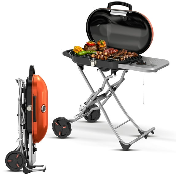 LHRIVER Portable 348 sq.in Stand-Up Propane Grill, 15000 BTU Folding Gas Grill Cart with Side Table & 2 Wheels for Camping, Patio, Orange