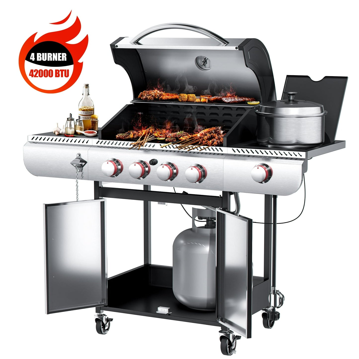 4-Burner Propane Gas Grill with Side Burner, Portable Stainless Steel BBQ Outdoor Cooker, 42,000 BTU, LHRIVER