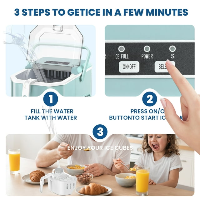LHRIVER Portable Compact Self-cleaning Ice Maker With Handle and Ice Scoop, Bullet Ice Cubes, 9Pcs/8Min 26Lbs/24H for Home/Office/Bar/Party (Green)