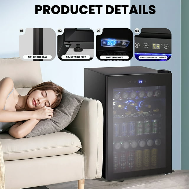 LHRIVER 4.4Cu.ft Beverage Refrigerator Cooler, 37 Bottles Mini Fridge with Glass Door for Soda Beer or Wine, With Adjustable Removable Shelves, Bar/Office/Home