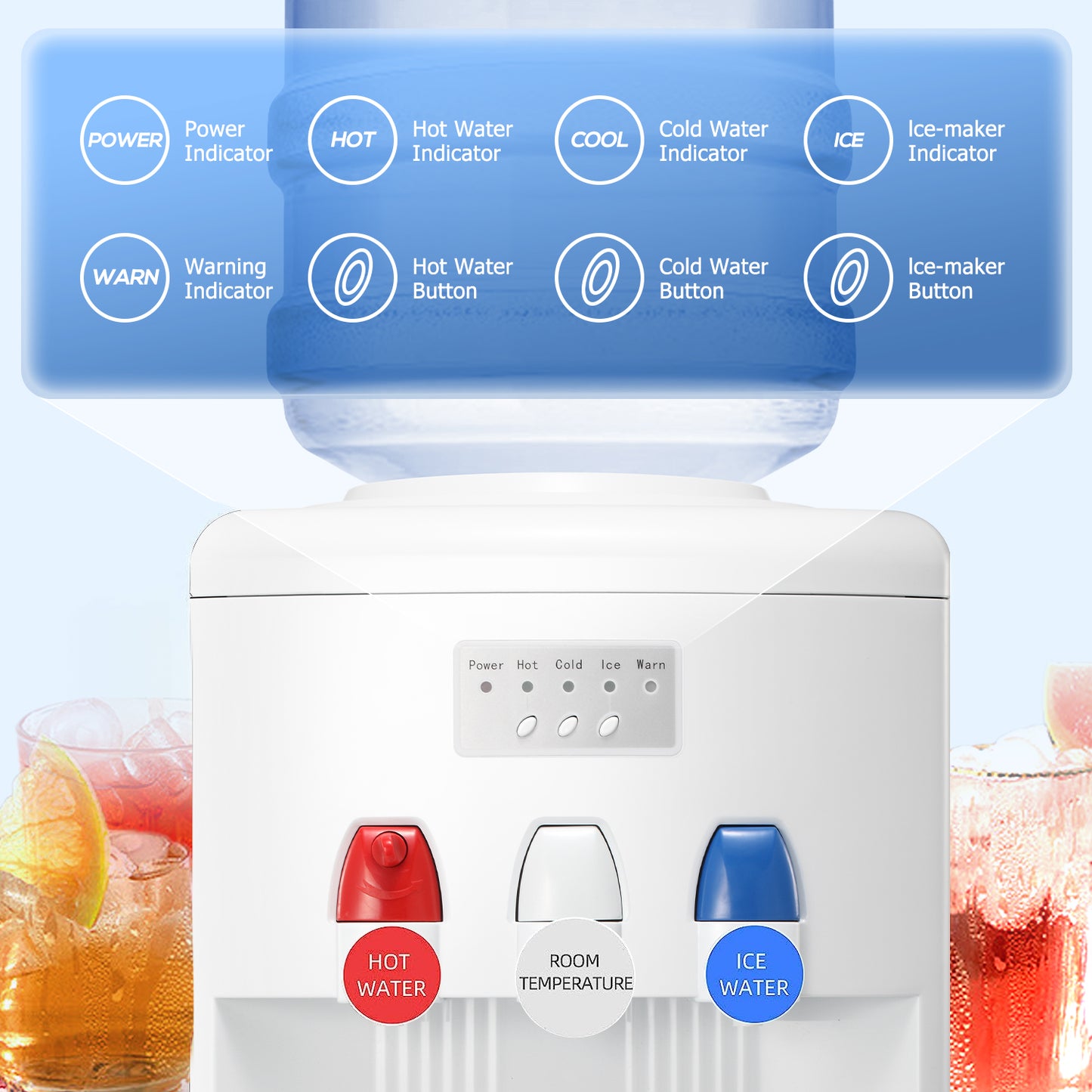 LHRIVER 3 in 1 Water Dispenser with Ice Maker, Cool Hot Room Temp Water Cooler Dispenser with Bullet Ice, 5 Gallon Water Jug with Child Safety Lock, White