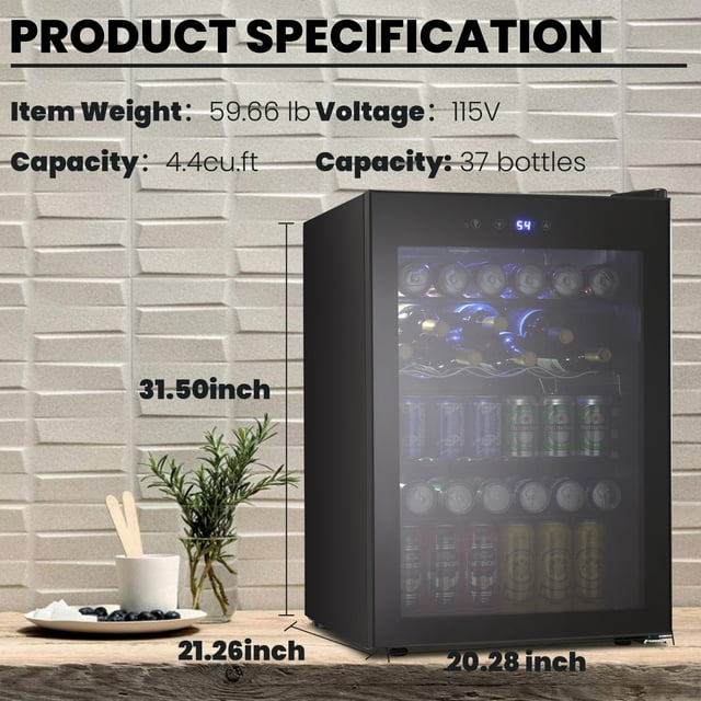 LHRIVER 4.4Cu.ft Beverage Refrigerator Cooler, 37 Bottles Mini Fridge with Glass Door for Soda Beer or Wine, With Adjustable Removable Shelves, Bar/Office/Home