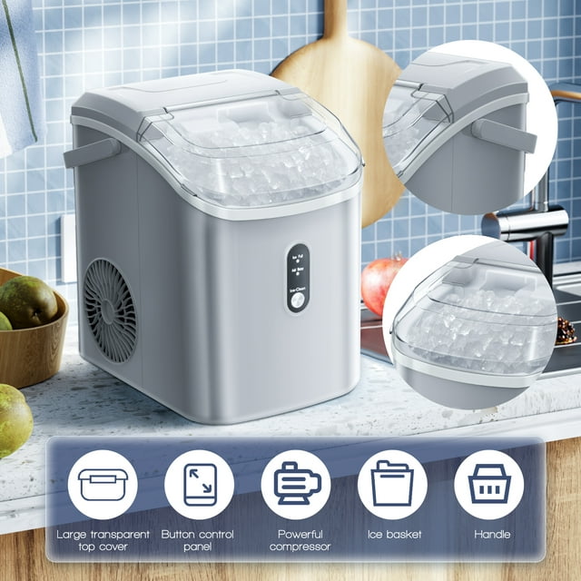 LHRIVER Nugget Ice Maker Countertop, 33lbs/24H with Self-Cleaning Function, Portable Sonic Ice Machine for Home/Office/Party-Gray