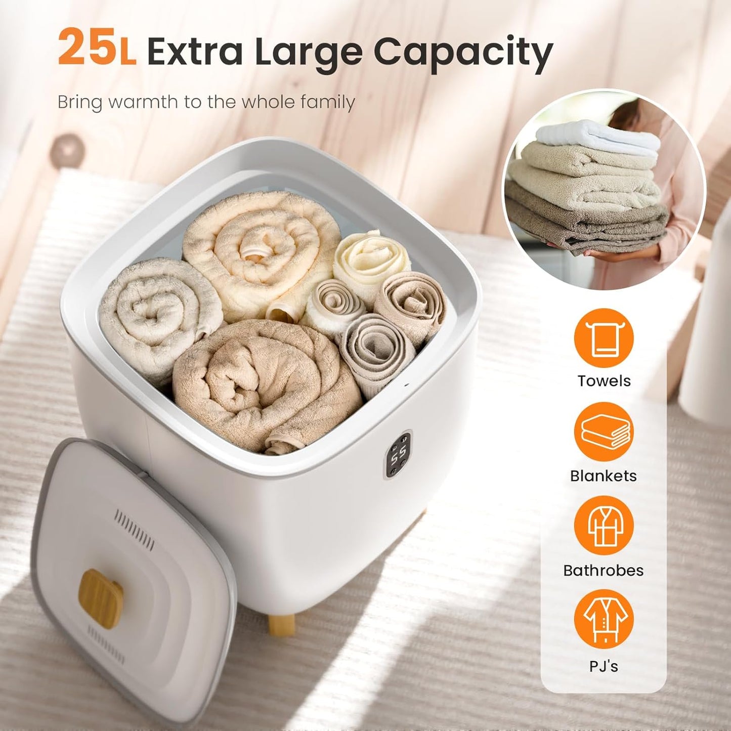 Havato 25L Towel Warmers with 2 Heating Modes and Auto Shut-Off,LCD Screen,Large Capacity Towel Heater Bucket Fits 2 Large Blankets,Customized Fragrance,White