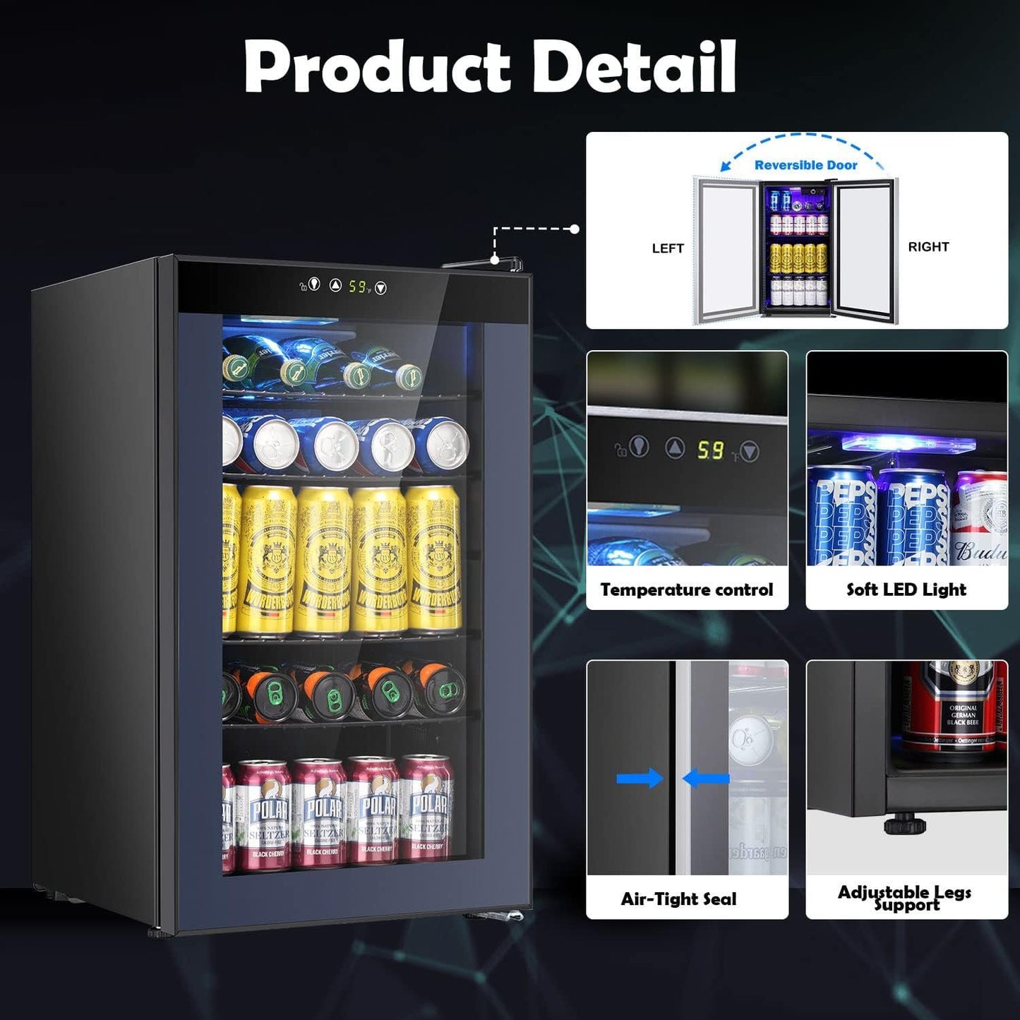 Havato 100 Cans Beverage Refrigerator Cooler, 2.3 Cu.Ft Wine Cellar with Digital Temperature Control and Transparent Single Glass Door,Soft LED light,Black.