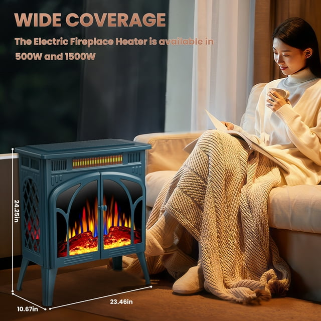 LHRIVER Electric Fireplace Heater 25’’ with 3D Realistic Flame Effect, Freestanding Fireplace, Different Flame Color, 500W/1500W,- DARKGREEN
