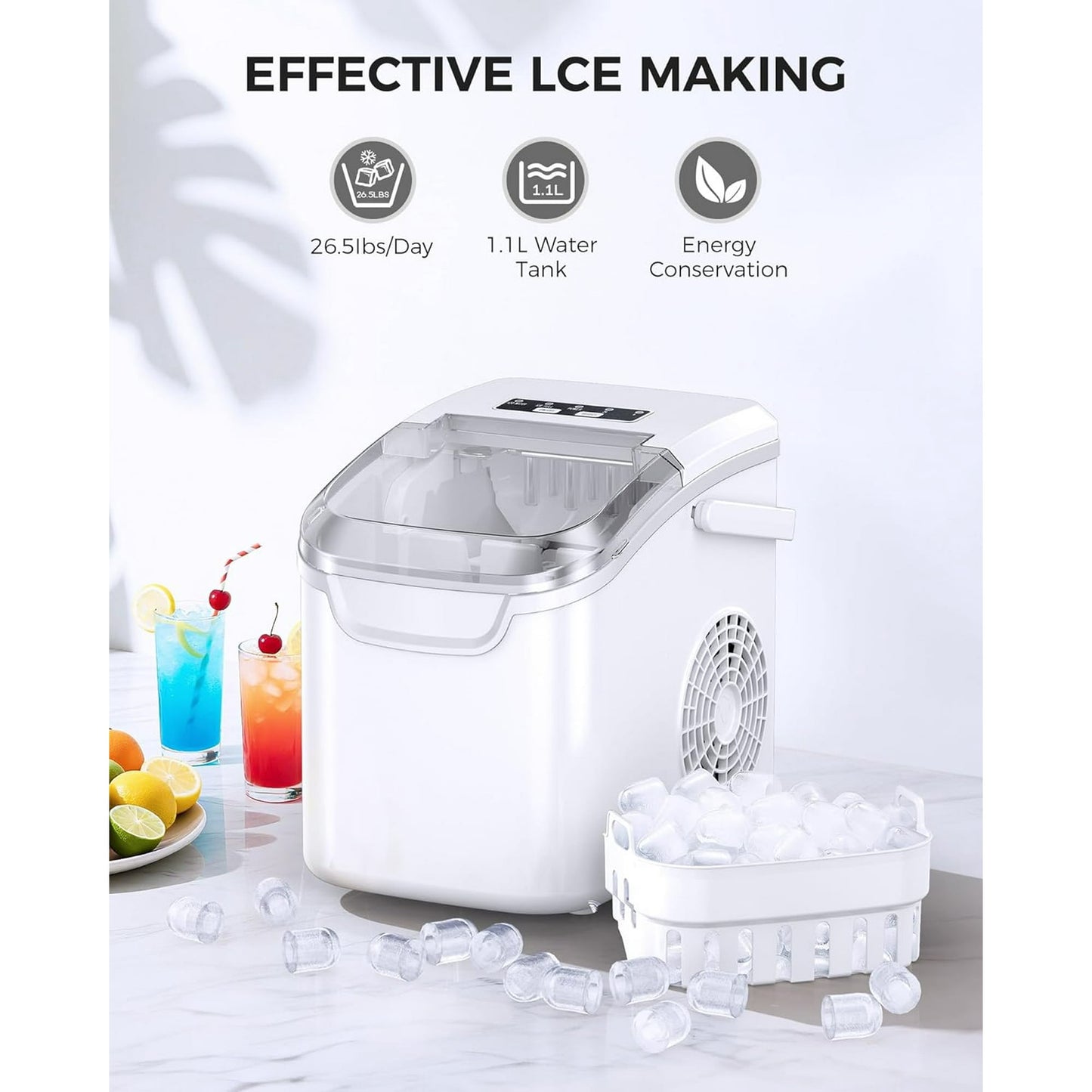 Havato Ice Makers Countertop with Handle, 26.5 Lbs / 24 H, 8 Cubes in 6 Mins, Portable Machine with Self-Cleaning, Perfect for Home Kitchen (White)