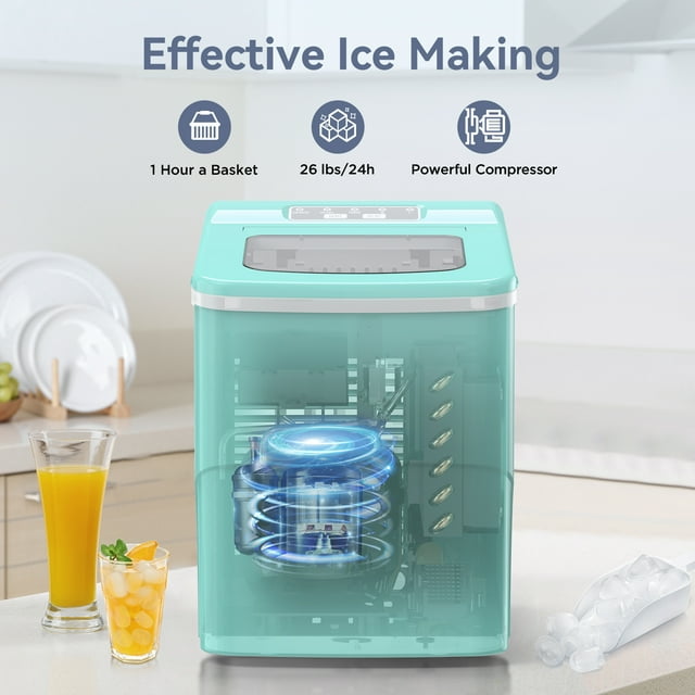 Havato Countertop Ice Maker 26lbs, 9 Pcs/6Mins, 2 Sizes of Bullet-Shaped w/Scoop & Basket, Green
