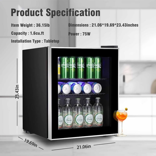 LHRIVER 1.6 Cu.ft Beverage Refrigerator Cooler, Mini Fridge with Glass Door for Soda Beer or Wine