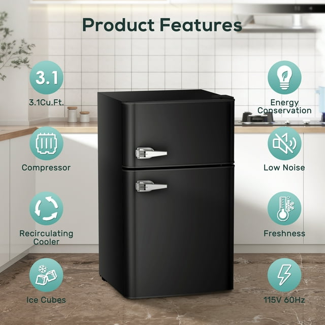 Havato Two-door Mini Fridge with Freezer and Handle, Compact Retro Refrigerator, Suitable for Dormitory, Office, Bar, RV and Bedroom, Black