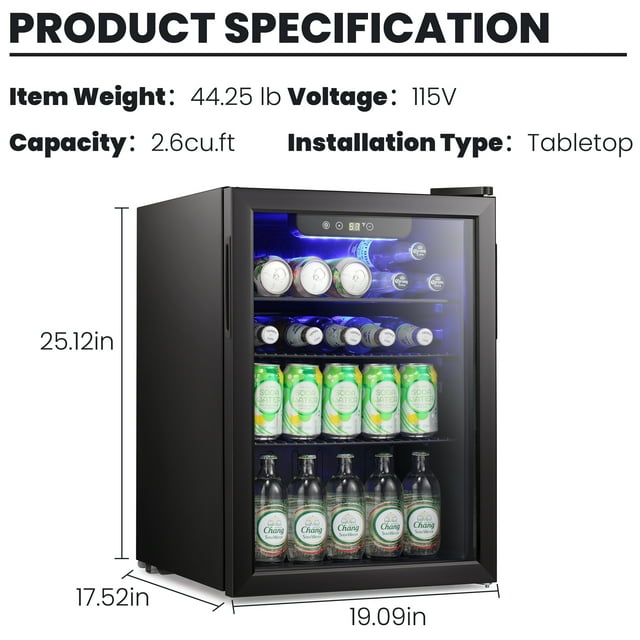 LHRIVER 2.6Cu.ft Beverage Refrigerator Cooler, 100 Can Mini Fridge with Glass Door for Soda Beer or Wine, With Adjustable Removable Shelves, Bar/Office/Home