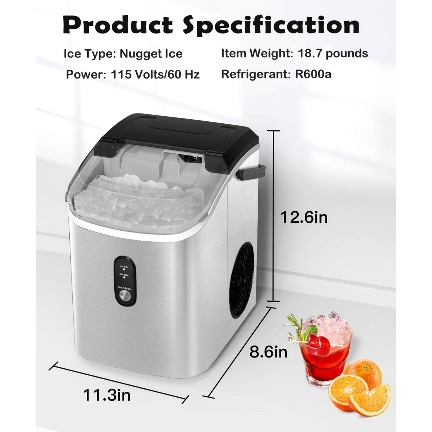 JOY PEBBLE 33lbs Stainless Steel Countertop Ice Maker, Crushed Nugget Ice Type with Scoop, Cubes Ready in 10 Mins, Silver