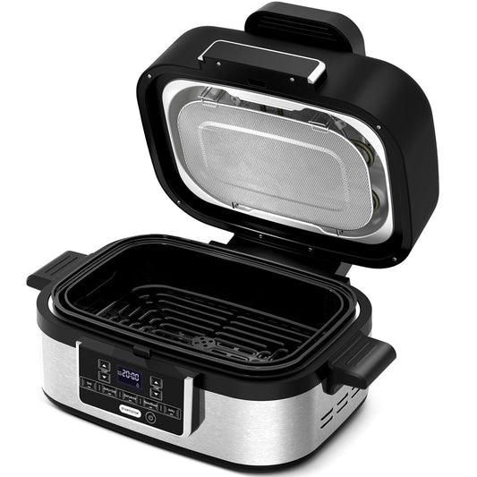 5-in-1 Electric Indoor Grill & Air Fryer Combo, 5QT Large Capacity, Stainless Steel Smokeless, Roast, Bake, Dehydrate, Beef & Fries, Black, LHRIVER