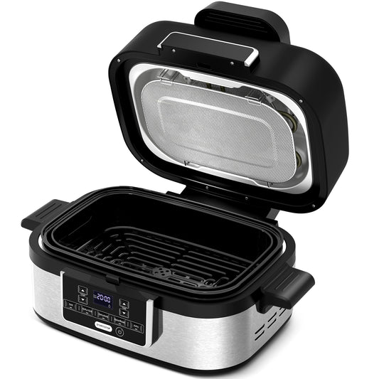 5-in-1 Electric Indoor Grill & Air Fryer Combo, 5QT Large Capacity, Stainless Steel Smokeless, Roast, Bake, Dehydrate, Beef & Fries, Black, LHRIVER