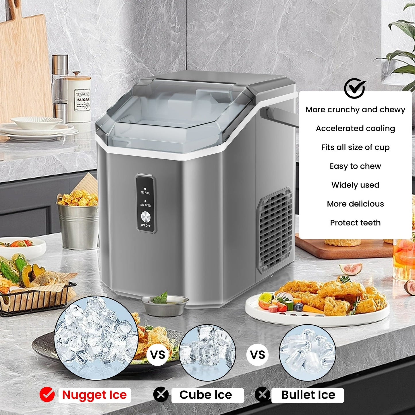 Havato Nugget Ice Maker, Extruded Ice & Chewed Ice, 34Lbs /24H, Self-Cleaning, Kitchen/Office/Party, Grey