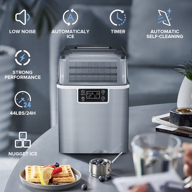 Havato Table Ice Maker, with Automatic Cleaning Function and 24-Hour Timer Function, 44lbs /24H, Suitable for Home/Office/Bar/Party, Stainless Steel Color