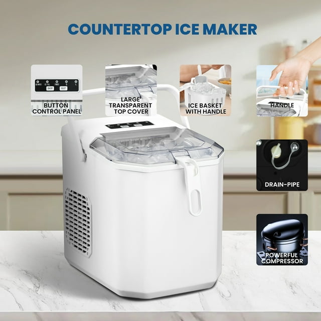 LHRIVER Portable Compact Self-cleaning Ice Maker With Handle and Ice Scoop, Bullet Ice Cubes, 9Pcs/8Min 26Lbs/24H for Home/Office/Bar/Party (White)