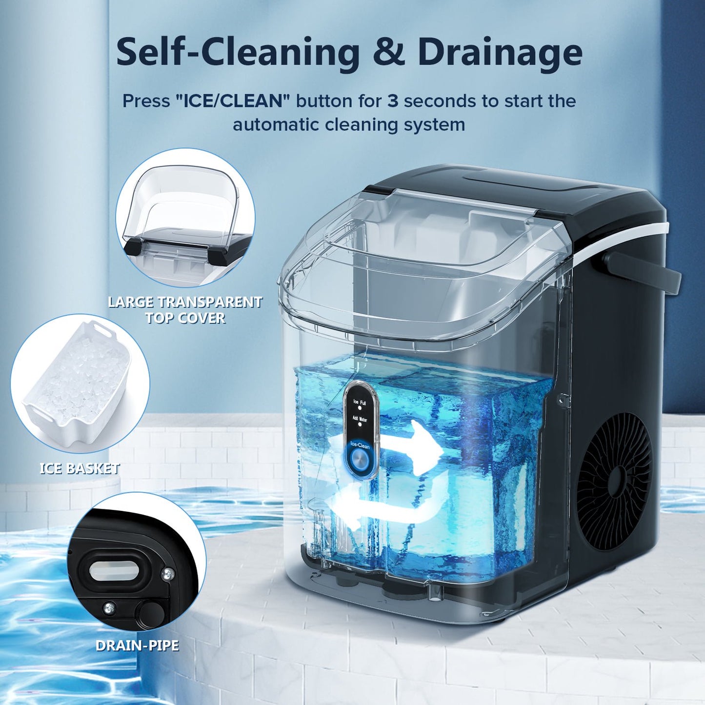 Havato Nugget Portable Ice Maker, 33lbs/24H, Self-Cleaning Function, First Choice for Home/Office/Parties - (Black)