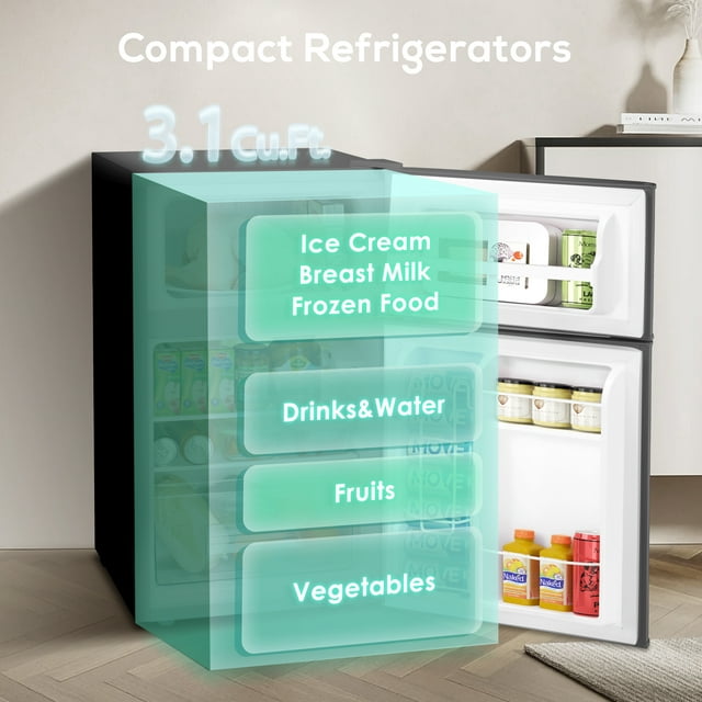 LHRIVER Mini Refrigerator 3.2Cu.Ft Compact Fridge 2-Double Doors with a Freezer Low Noise Defrost Storage of Beverages Vegetables and Fruits for Home Office Dorm