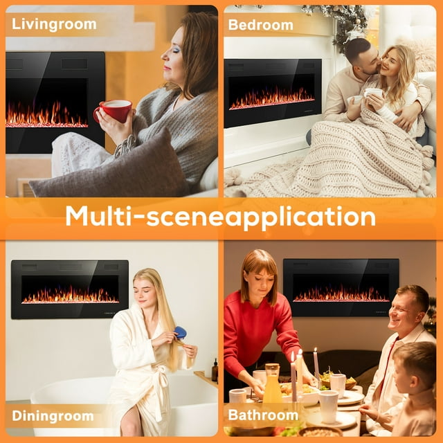 LHRIVER Embedded Wall Mounted Indoor Electric Fireplace, 36 inch, Ultra-thin Low Noise Lightweight LED Fireplace Heater, Touch Screen, Timer, 1500W, Adjustable Flame Color and Speed, Black