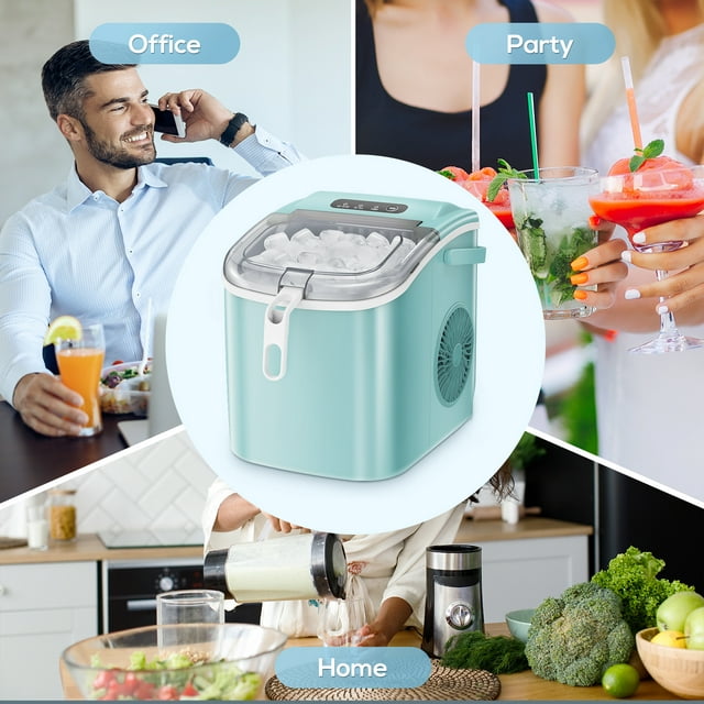 LHRIVER Countertop Ice Maker, Portable Ice Machine with Handle, 26Lbs/24H, 9Pcs/6Mins, One-Click Operation Ice Makers, with Ice Scoop and Basket, for Kitchen/Bar/Party - (Green)