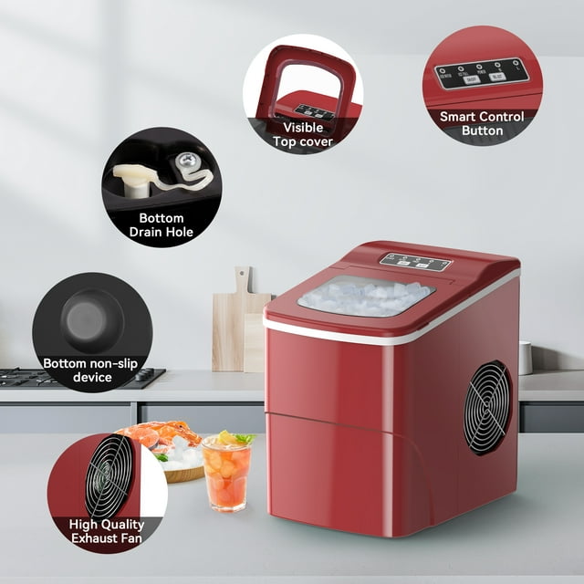 Havato Countertop Ice Maker 26lbs, 9 Pcs/6Mins, 2 Sizes of Bullet-Shaped w/Scoop & Basket, Red