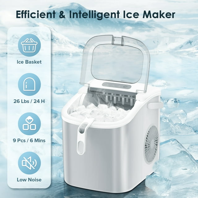LHRIVER Countertop Ice Maker, Portable Ice Machine with Handle, 26Lbs/24H, 9Pcs/6Mins, One-Click Operation Ice Makers, with Ice Scoop and Basket, for Kitchen/Bar/Party - (White)