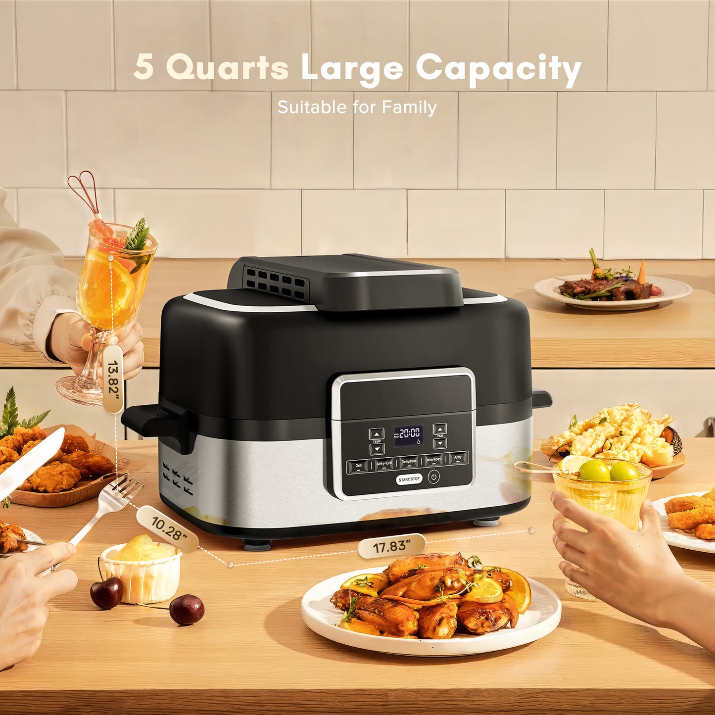 5-in-1 Electric Indoor Grill & Air Fryer Combo, 5QT Large Capacity, Stainless Steel Smokeless, Roast, Bake, Dehydrate, Beef & Fries, Black, LHRIVER