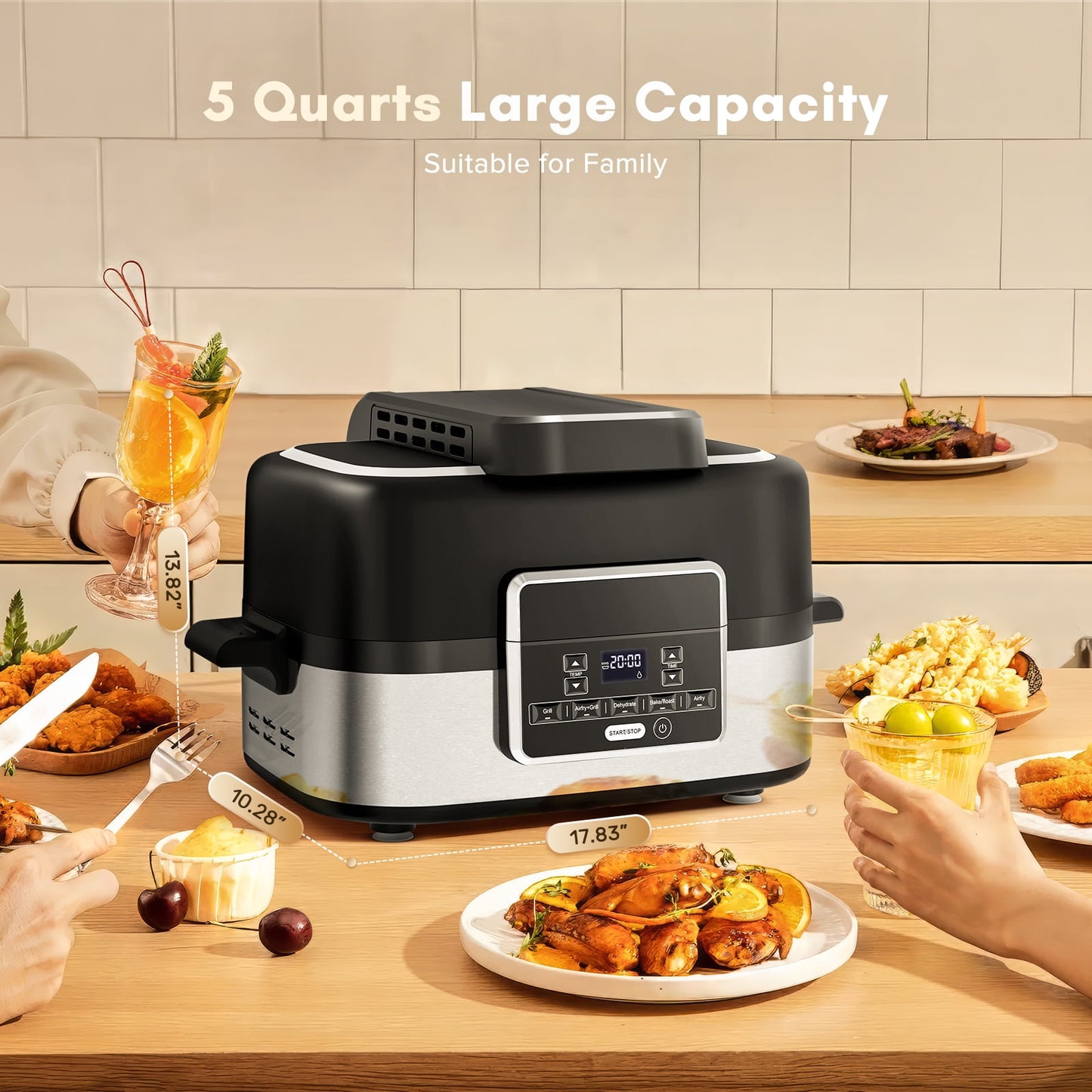 5-in-1 Electric Indoor Grill & Air Fryer Combo, 5QT Large Capacity, Stainless Steel Smokeless, Roast, Bake, Dehydrate, Beef & Fries, Black, LHRIVER