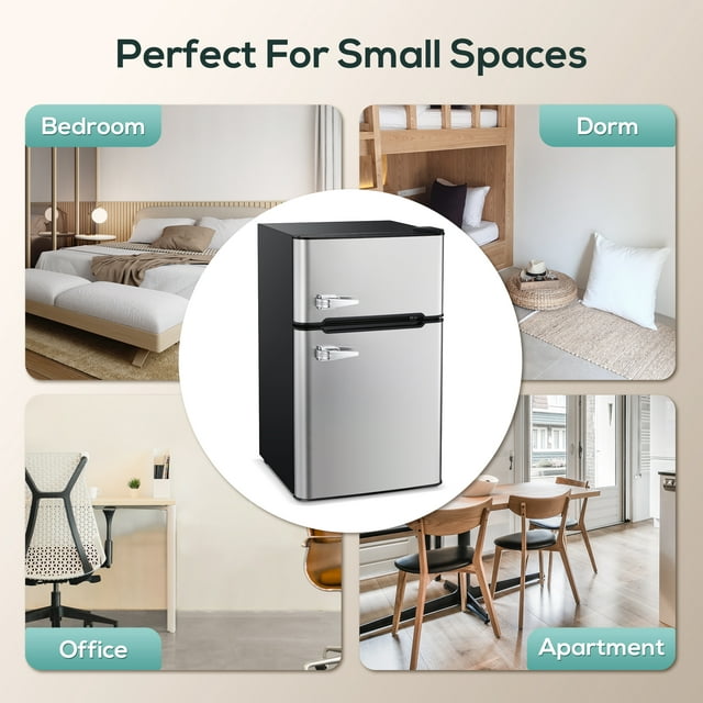 LHRIVER Mini Refrigerator 3.2Cu.Ft Compact Fridge 2-Double Doors with a Freezer Low Noise Defrost Storage of Beverages Vegetables and Fruits for Home Office Dorm