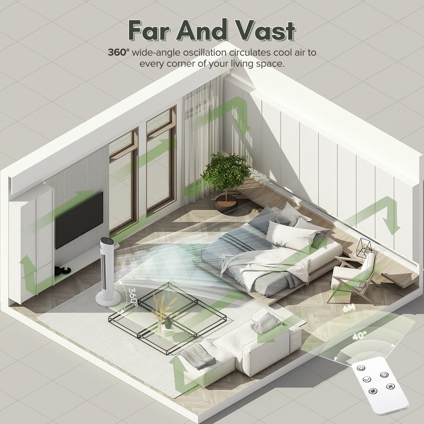 Havato Portable Independent Tower Fan, 360° Oscillating Fans with 8 Speeds, 24H Timer, Normal/Natural/Sleep Fan Modes, White