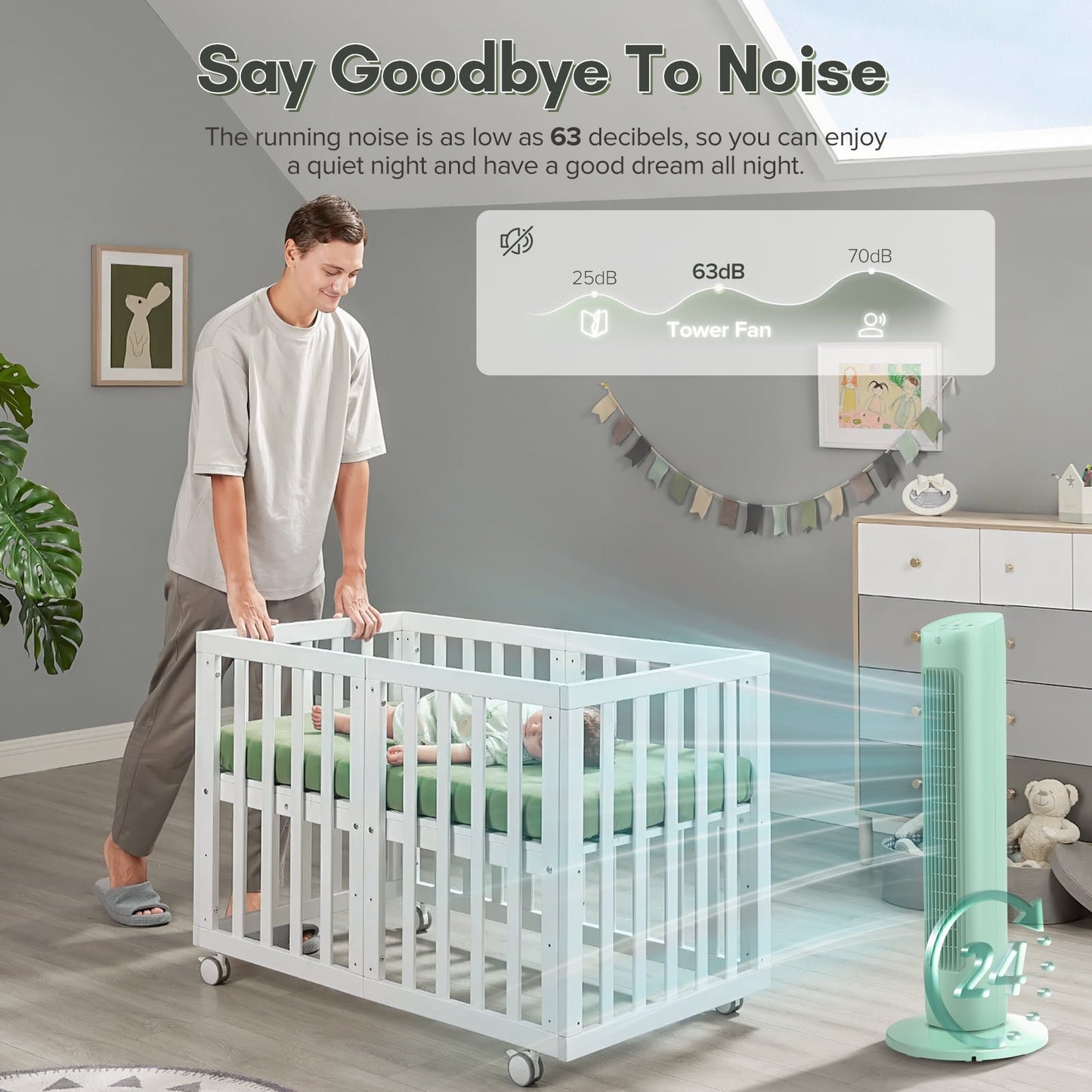 Havato Portable Independent Tower Fan, 360° Oscillating Fans, 3 Speeds, 15H Timer, 3-in-1 Fan Modes, Green