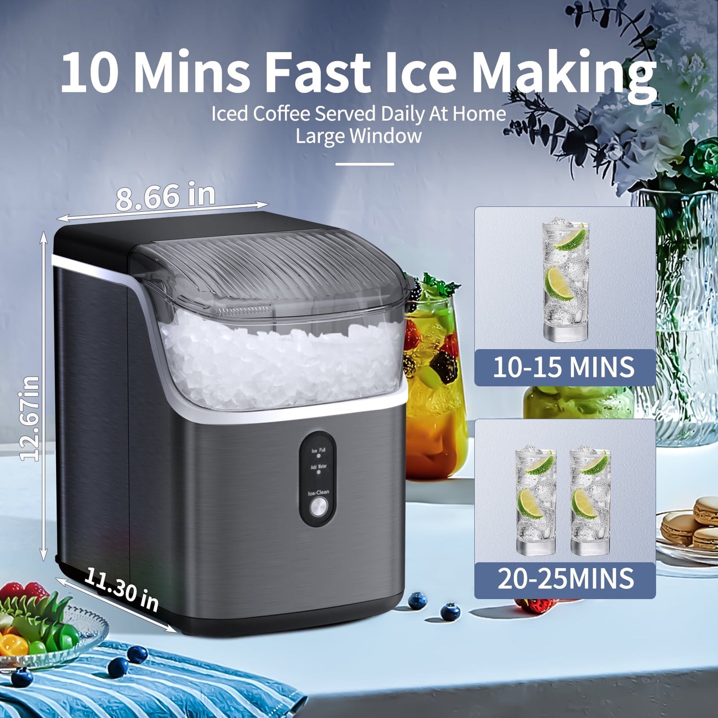 Havato Nugget Portable Ice Maker Highly Efficient Ice Production, 33 lbs/24 Hours, Self-Cleaning, Easy to Operate, Ideal Pellet Ice Maker for Home/ Kitchen/ Office/ Party - Black