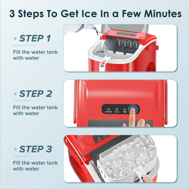 LHRIVER Countertop Ice Maker, Portable Ice Machine with Handle, 26Lbs/24H, 9Pcs/6Mins, One-Click Operation Ice Makers, with Ice Scoop and Basket, for Kitchen/Bar/Party - (Red)