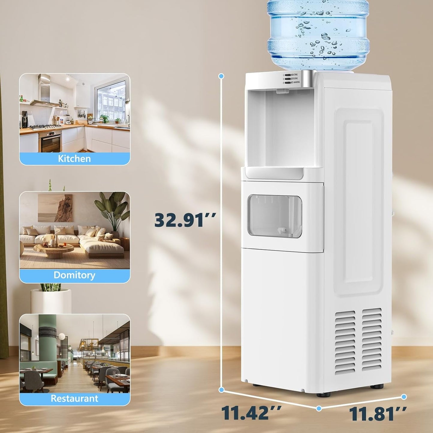 Havato 3 in 1 Water Dispenser with Ice Maker 33lbs 9 ice cubes in 6 minutes Top Loading for 5 Gallon, Child Lock