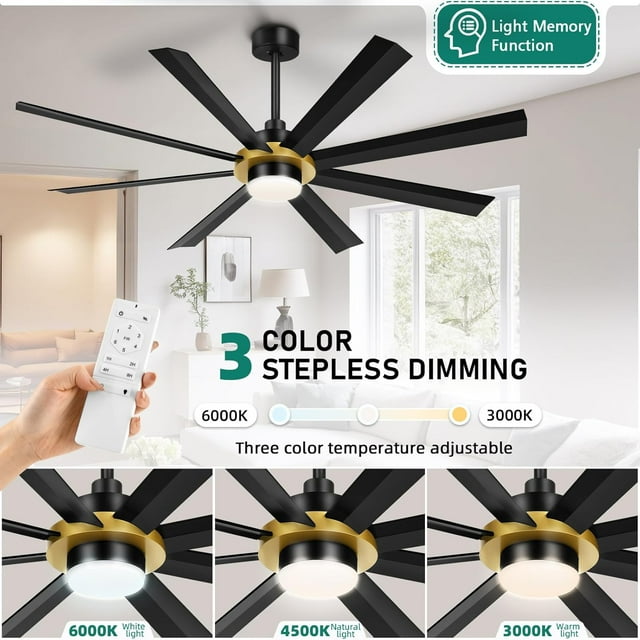 Havato 60" Smart Flush Mount Ceiling Fan with Light - Remote Control, 6 Speeds & Reversible DC Motor, 3 Color Dimmable LED, Ultra Quiet 35dB, Timer Function for Bedroom & Indoor Spaces (Black)