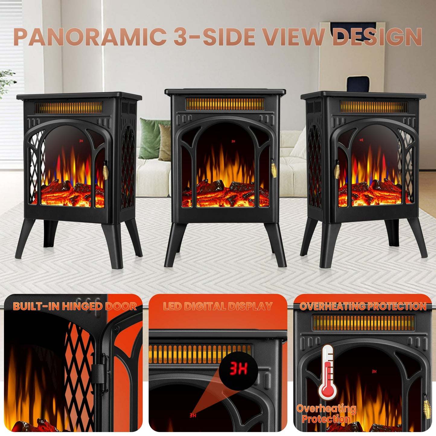 LHRIVER Electric Fireplace Heater 16’’ with 3D Realistic Flame Effect, Freestanding Fireplace, Different Flame Color, 500W/1500W,- BLACK