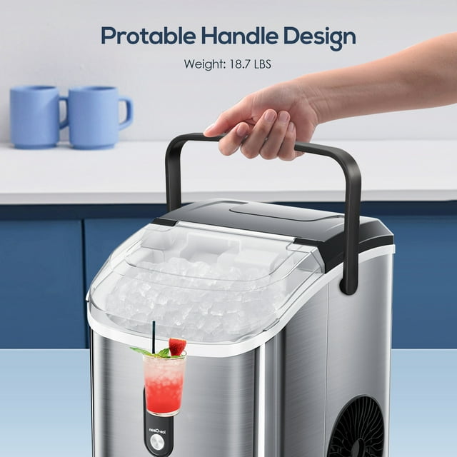 LHRIVER Nugget Ice Maker with Handle, Portable Compact Ice Maker, Self-Cleaning, 33lbs/Day, Removable Ice Basket&Scoop for Home/Office