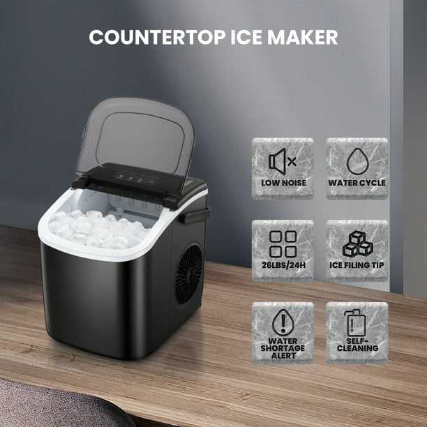 Havato Countertop Ice Maker, Self-Cleaning Portable Ice Maker Machine with Handle, 9 Bullet-Shaped Ice Cubes Ready in 6 Mins, 26Lbs/24H with Ice Scoop and Basket for Home/Kitchen/Party-Black