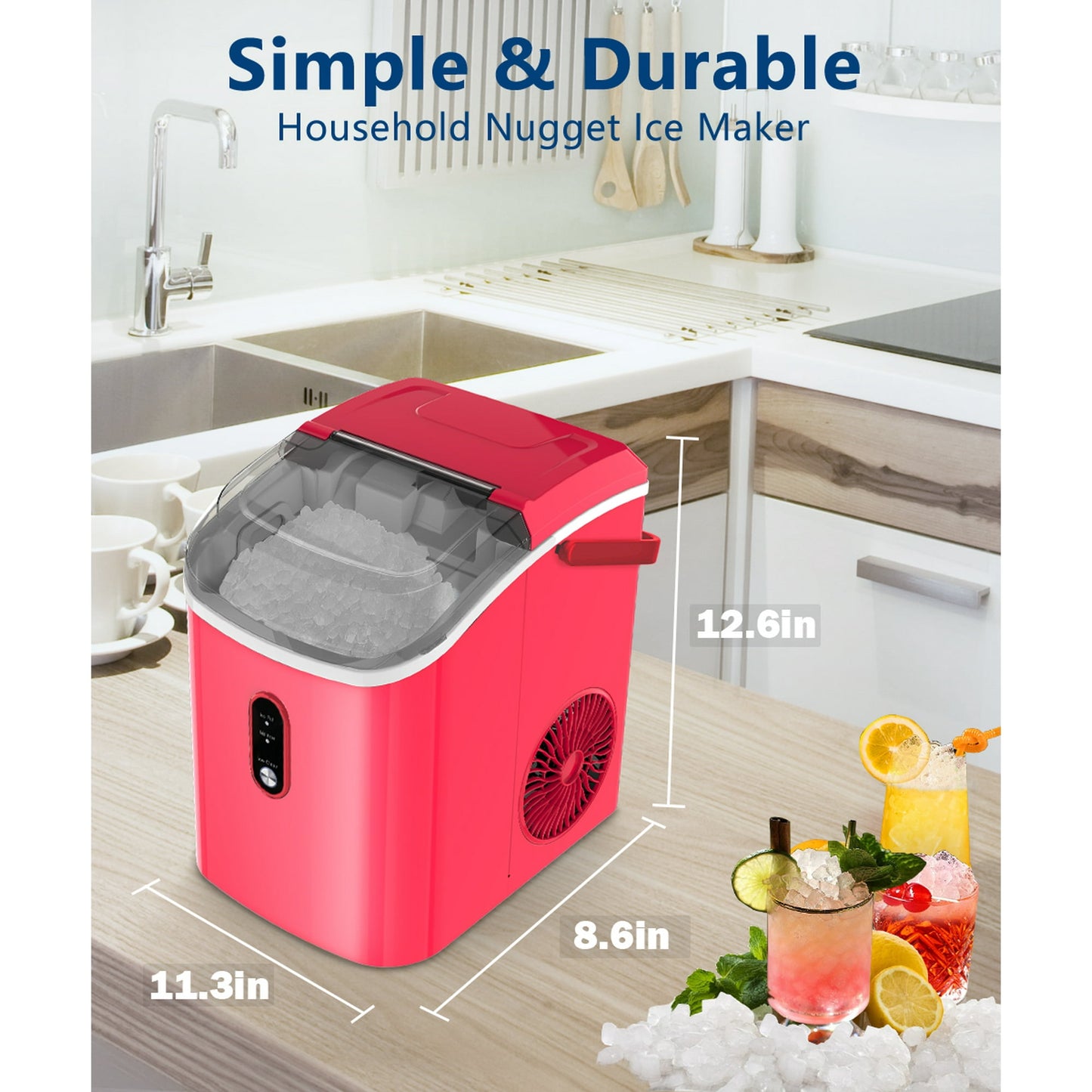 LHRIVER 35lbs Countertop Ice Maker, Crushed Nugget Ice Type with Scoop, Cubes Ready in 10 Mins, Red