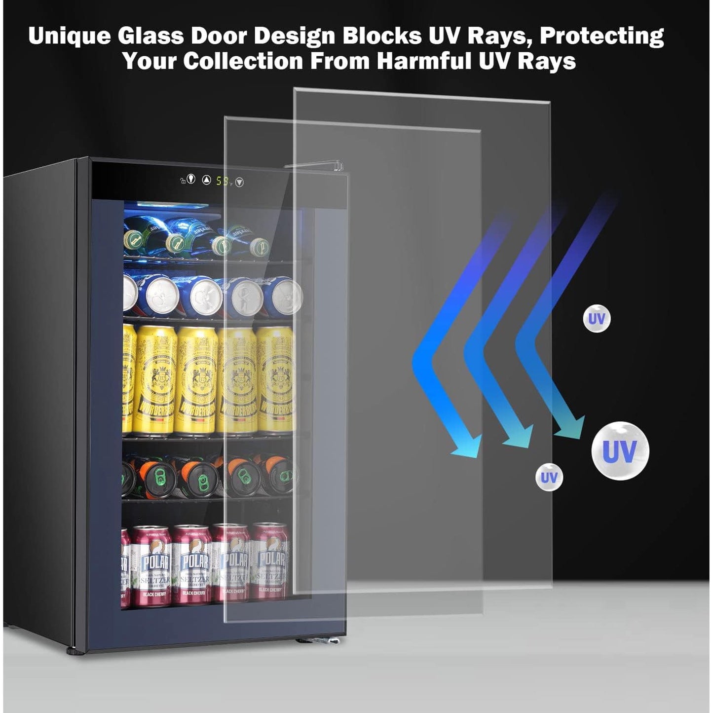 Havato 100 Cans Beverage Refrigerator Cooler, 2.3 Cu.Ft Wine Cellar with Digital Temperature Control and Transparent Single Glass Door,Soft LED light,Black.