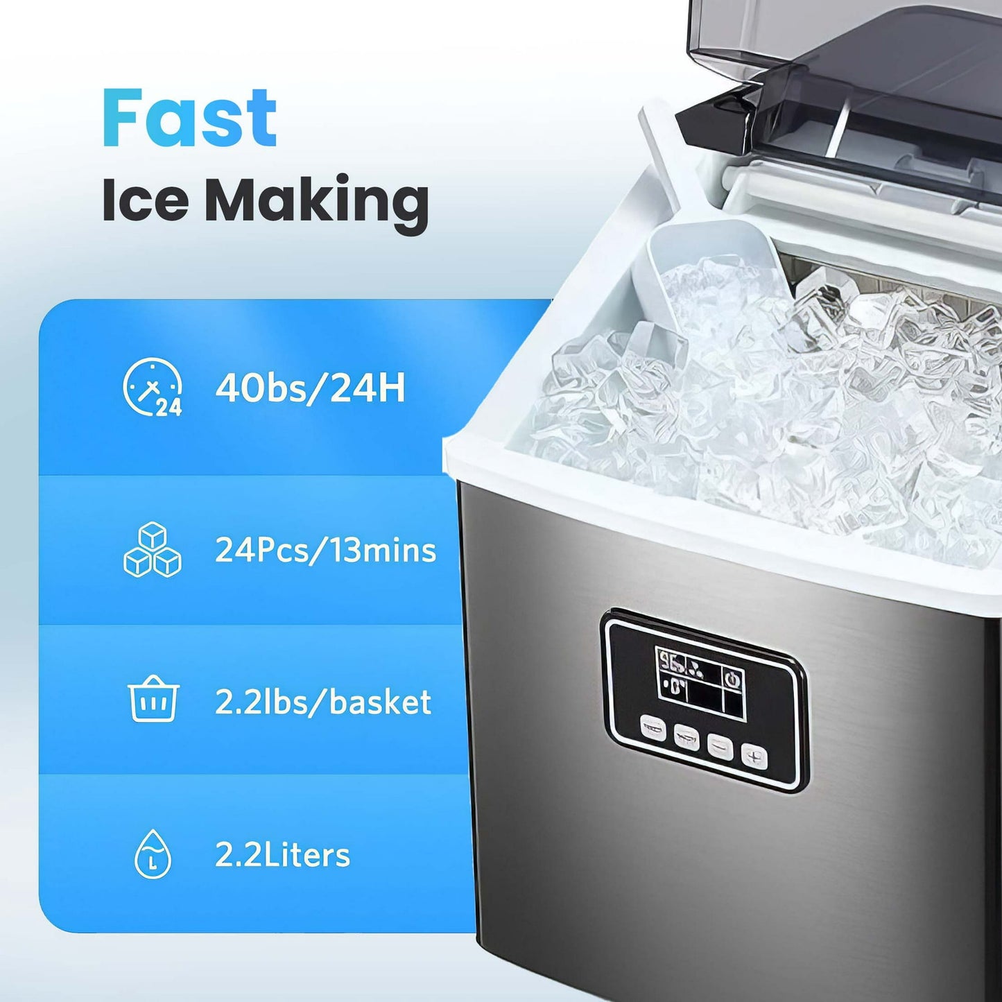 LHRIVER Ice Maker Machine,40LBS/24H, Portable Ice Cube Makers, Self-Cleaning, Easy-to-Control LCD Display, See-Through Lid for Office/Home/Bar (Black)