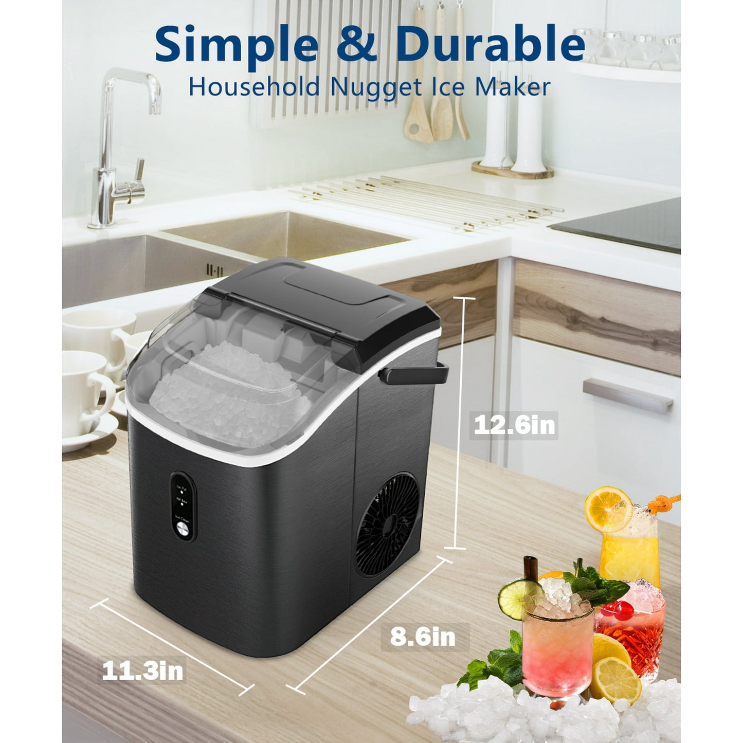 JOY PEBBLE 33lbs Stainless Steel Countertop Ice Maker, Crushed Nugget Ice Type with Scoop, Cubes Ready in 10 Mins, Black