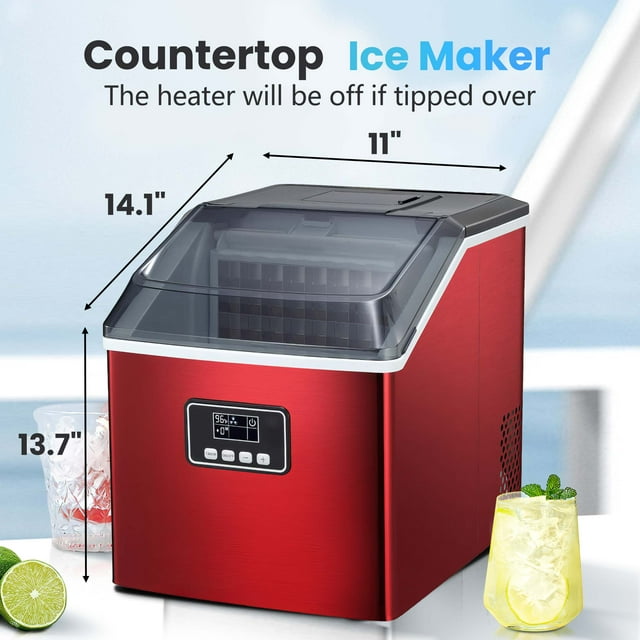 LHRIVER Ice Maker Machine,40LBS/24H, Portable Ice Cube Makers, Self-Cleaning, Easy-to-Control LCD Display, See-Through Lid for Office/Home/Bar (Red)