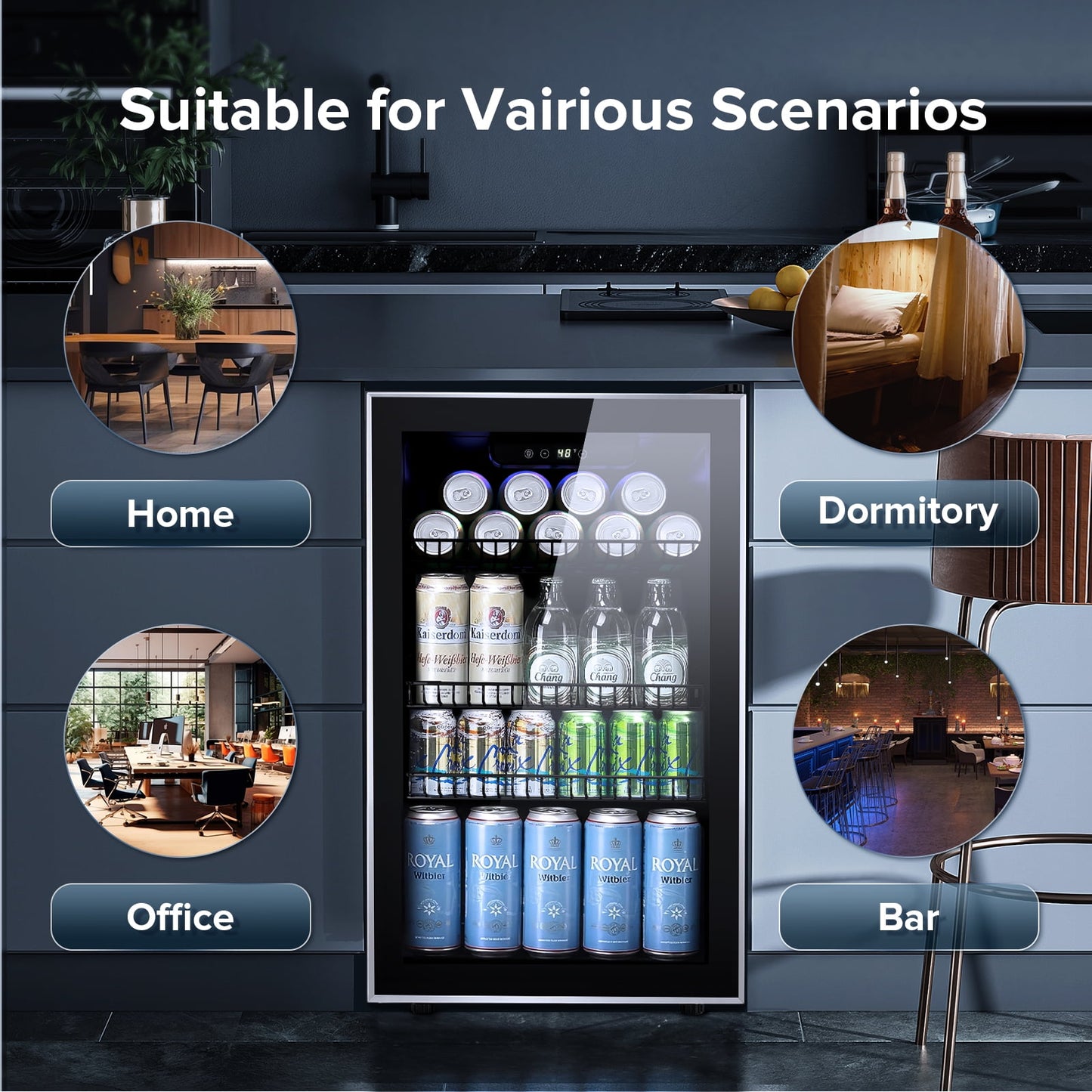 LHRIVER 3.2Cu.ft Beverage Refrigerator and Cooler, 130 Can Mini Fridge, Freestanding Constant Wine Chiller with Glass Door (Silver)