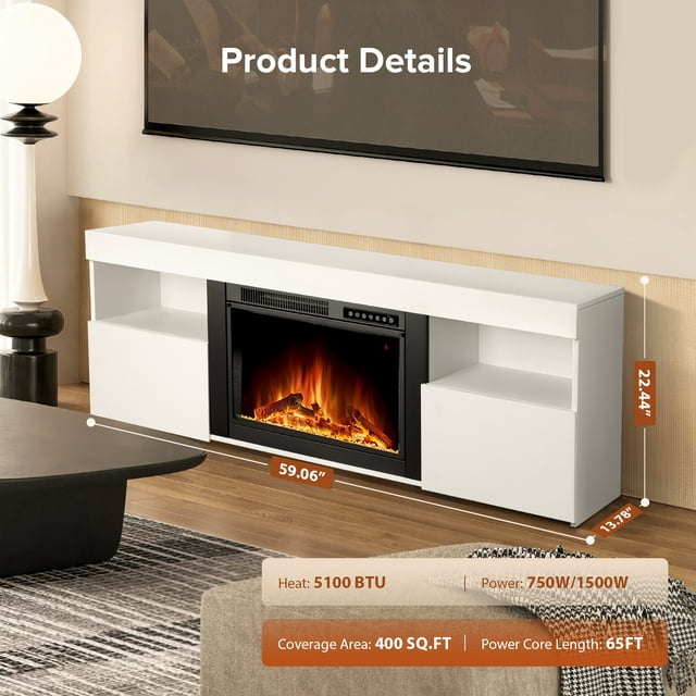 LHRIVER Free Standing Fireplace, Remote Control, 60'', Electric Fireplace Mantel, Adjustable Real 3D Flame Brightness (White)